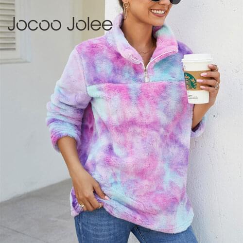 Autumn Winter Zipper Turtleneck Colorful Fleece Hoodies Fashion Rainbow Tie Dye Sweatshirt for Women Oversized Flannel Tops