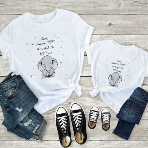 Family Matching Clothes Family Look White T-shirt Dumbo Flying Elephant Funny Letter Print Happy Tops Tees Summer