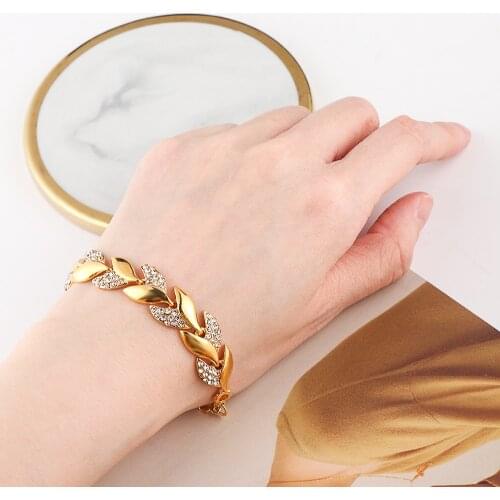 Bohemian Style Women Girls Gold Bracelet Rhinestone Leaves Chain Bangle Luxury Wedding Jewelry Simple Fashion Elegant New