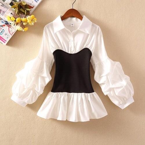 2021 Women Summer Casual Sweet Loose Lace Up Ruffled Blouses Fashion Turn Down Collar Tops Ladies Vintage Patchwork Shirts H976