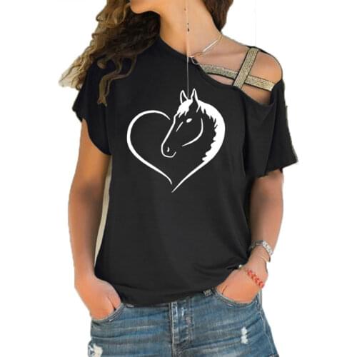 Love Riding Horse Women T Shirts Summer Short Sleeve Cotton Funny Horse Girl T-shirt Female Clothing Women Irregular Skew Cross