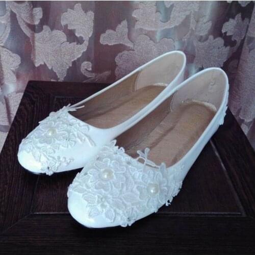Plus size 41 42 43 flat heel laces wedding shoes woman white lace ivory pearls romantic luxury handmade wedding bride flats shoe