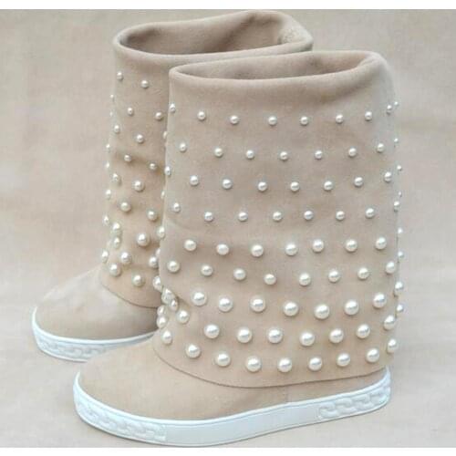 Autumn white pearls beaded mid-calf boots for women height increasing wedges bottines Slip on beige black suede boots