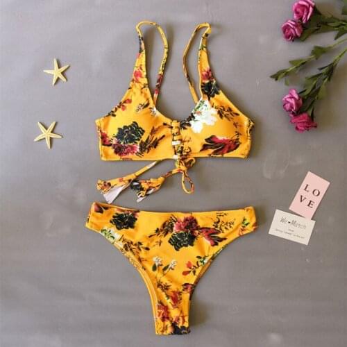 Womans Lace up Front Tie Padded Top 2PCS Bikini Set Lace Swimwear Triangle Bottom Swimsuits 2-Piece Printed Bathing Suit