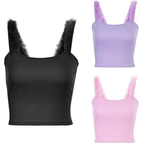 Women Sleeveless Tank Crop Top Cute Fluffy Feather Straps U-Neck Camisole Sexy Slim Fit Solid Color Sling Vest Bustier
