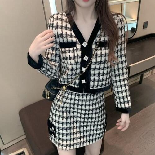 Autumn New Knitted Two Piece Set Women Vintage Chic Plaid Stitching Long Sleeve Cardigan Sweater Jacket + Skirt Suit Female