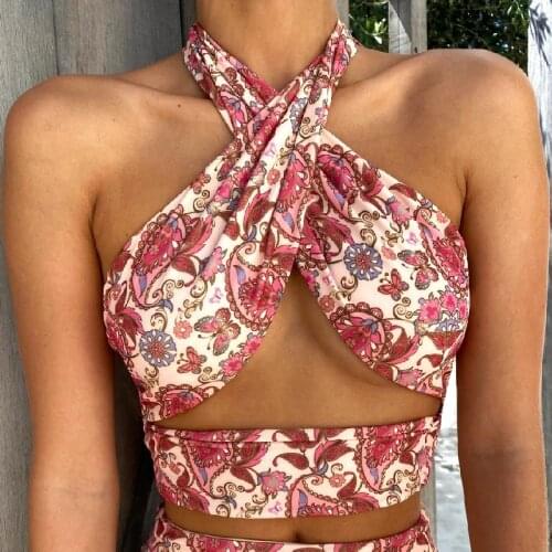 Summer Vintage Floral Printed Vest Ladies Sexy Cross Halter Lace-Up Hollow Bandage Backless Exposed Navel Slim Fit Tank Tops