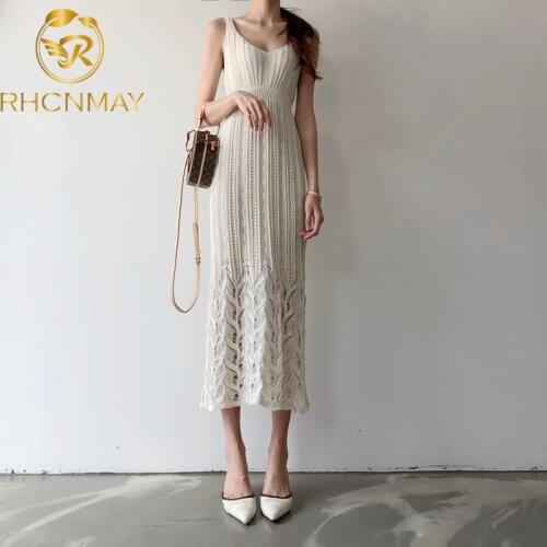 2020 Summer Knitted Women Dress Fashion Hollow Out Sweater Knitted Dress Sleeveless Casual Maxi Long Knitted Elastic Dresses