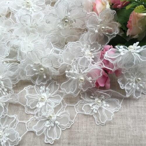 3D Flower With Pearls Lace Trimmings DIY Wedding Dress Decor Patches For Cloth Sewing Craft