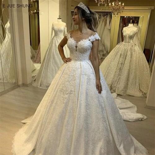 E JUE SHUNG White Lace Ball Gown Luxury Wedding Dresses 2021 Buttons Cap Sleeves Sheer Back Wedding Gowns Bridal Dress