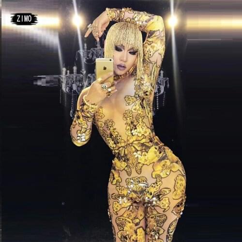 Glitter Gold Jumpsuit wide leg Rhinestone Rompers Female Singer Dancer Costume One-piece Bodysuit Nightclub outfits bar festival