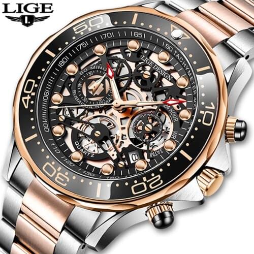 2021 LIGE Luxury Business Watch Mens Automatic Watches For Men Skeleton Hollow Quartz Wristwatches Waterproof Relogio Masculino