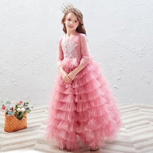 Flower Girl Dresses Beading Embroidery Princess O-Neck Floor-Length Tiered Ball Gown Luxury Full Pink Lace Kids Party Skirt H063
