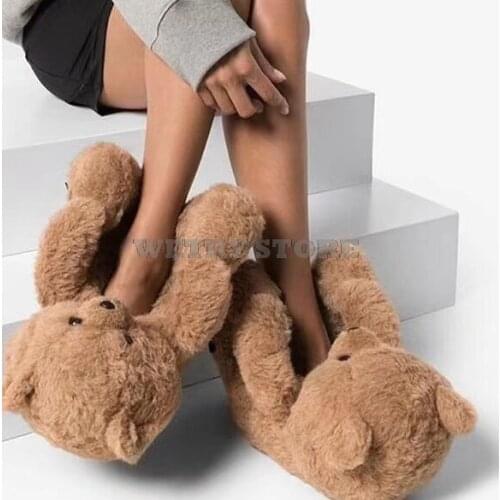 Home slippers indoor women winter warm cute plush woman furry fur slides teddy bear Winter Warm Shoes Cartoon Plush Teddy