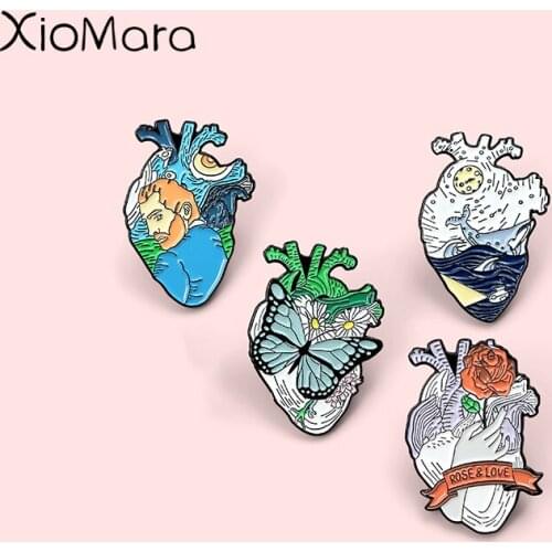 Human Heart Enamel Pin Feminist Van Gogh Space Ocean Animal Medical Anatomy Jewelry Brooches Lapel Pins For Doctor Nurse