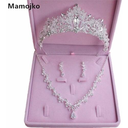 Mamojko 3PC Rhinestone Crystal Bridal Jewelry Necklaces Earrings Tiara Set African Beads Jewelry Sets Wedding Engagement Jewelry