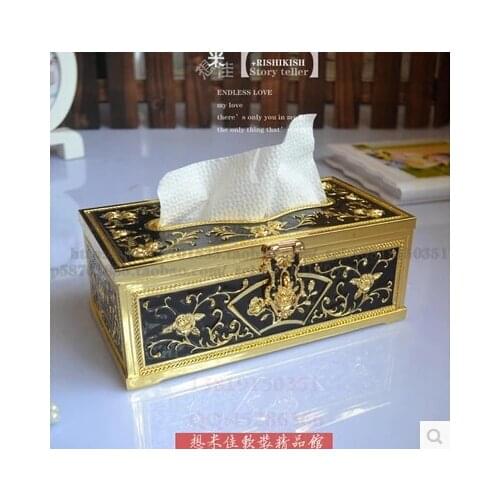 Black gold tissue box napkin holder with lock flower engaved tissue container for christmas decorations for home ZJH013