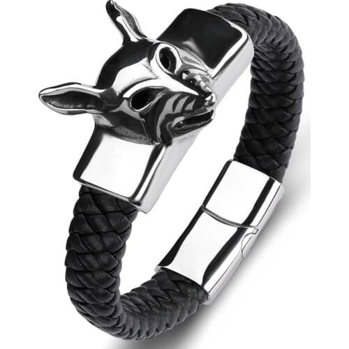 Fashion Braided Leather Bracelet Men Punk Charm Jewelry Stainless Steel Fox Animal Handmade Bangles Male Wrist Band Gifts P135