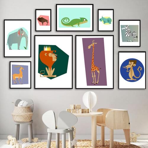 Lion Deer Zebra Giraffe Chameleon Hippo Monkey Wall Art Canvas Painting Nordic Posters And Prints Wall Pictures Kids Room Decor