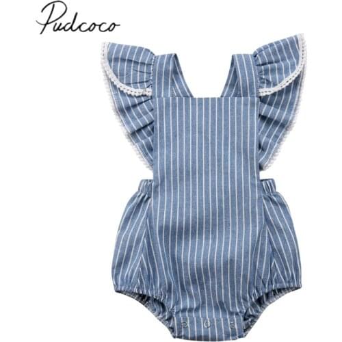 2018 Brand New Summer Toddler Baby Girls Bodysuits Short Petal Sleeve Blue Striped Backless Jumpsuits Bodysuits Outfit 0-24M
