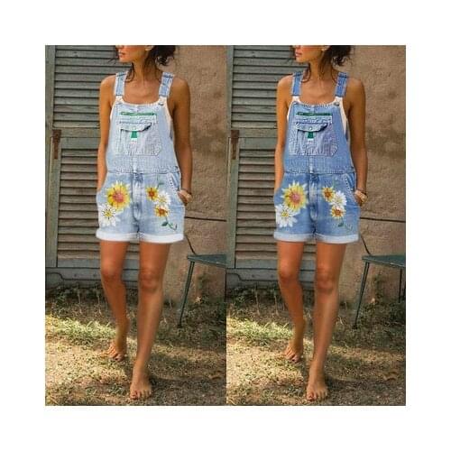 New Sunflower Printed Short Jean Overalls Women Summer Loose Shorts Denim Jumpsuit Female Denim Rompers Straps Shorts Plus Size