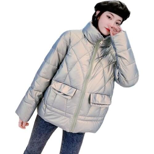 Women Winter Stand Collar Short Windproof Glossy Coat Puffer Jacket Cotton Padded Parkas Outwear Overcoat