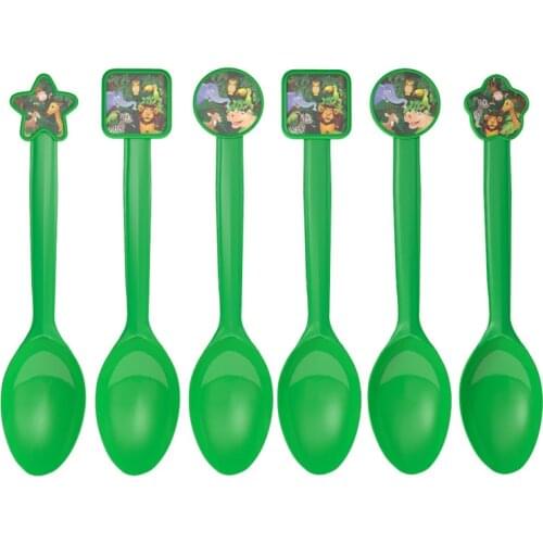 6pcs Cartoon Jungle Animal Disposable Spoons for Kids Birthday Party Decorations Green Disposable Plastic Spoon Party Supplies