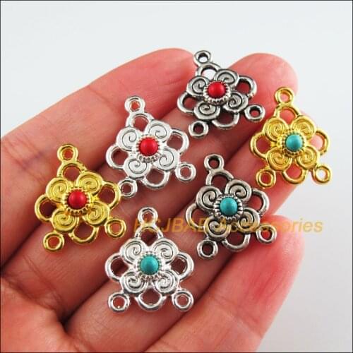 12 New Heart Charms Tibetan Silver Tone & Gold Color Red & Blue Flower Stone Pendants 17x20mm