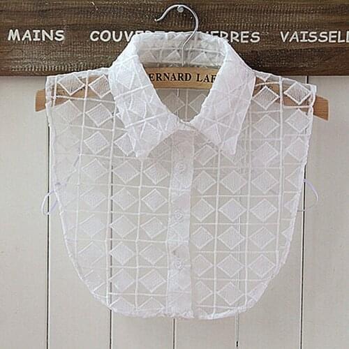 Checked Buttons Lace Fake Peaked Collar Detachable Half Shirt Blouse White