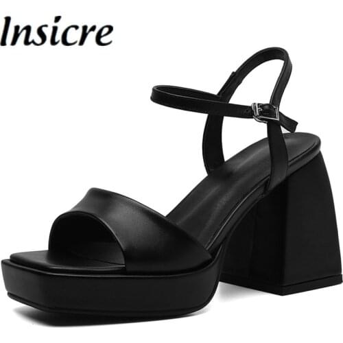 Insicre Women Sandals Cow Leather Square Toe Buckle 2021 Summer Fashion High Heel Shoes Black Platform Handmade Thick Heels