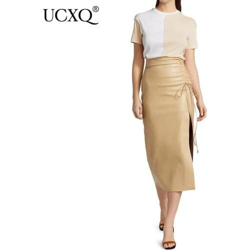 UCXQ Woman Skirt PU Solid Split Drawstring High Waist Pick Hip Mid Half Length Fashion Slim Vintage Style 2021 New Autumn23XF168
