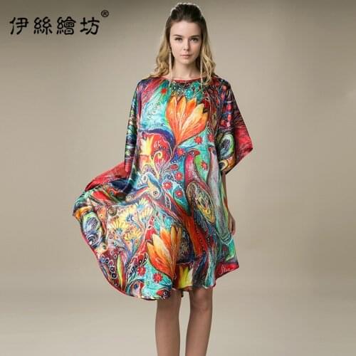 Women Queen New Silk Summer Night Dress Heavy Silk Plus Size Loose Home Nightdress Casual Dress Bat ShirtNightgown