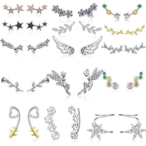 925 Sterling Silver Korean Feather Rose Flower Star Plane Cuff Stud Earrings for Women Fashion Women Earrings 2019 brincos s925