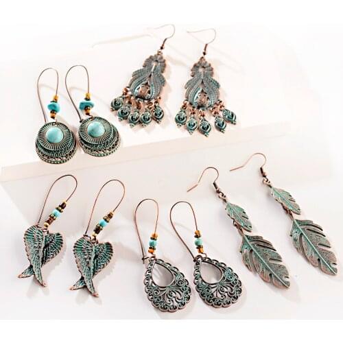 Vintage Green Bronze Tassel Water Drop Earrings Bohemian Ethnic Geometric Bird Leaf Dangle Earrings For Women Pendientes Mujer