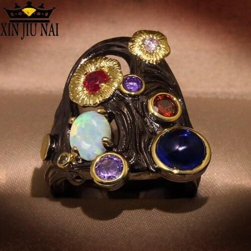 New punk style Opal black gold modern mixed gemstone irregular bright night sky sapphire ring women fashion jewelry