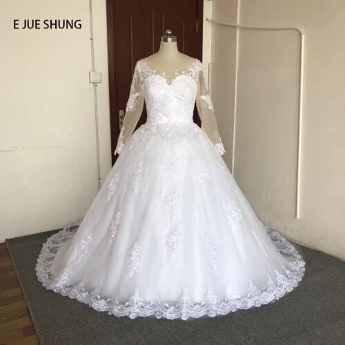 E JUE SHUNG White Lace Appliques Pearls Wedding Dresses Ball Gown Long Sleeves Luxury Bridal Wedding Gowns Plus Size