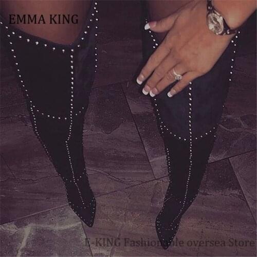 2020 Women Faux Suede Studded Over The Knee High Boots Pointed Toe CowGirl Long Booties Sexy Thin Heels Winter Shoes Women Boots