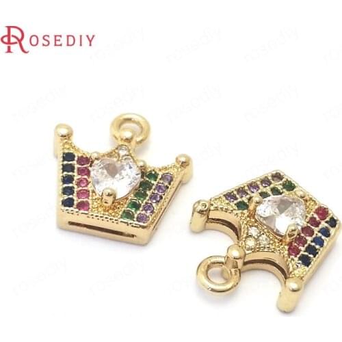 38868)6PCS 24K Champagne Gold Color Brass and Zircon Crown Charms Pendants Jewelry Making Supplies Diy Findings Accessories