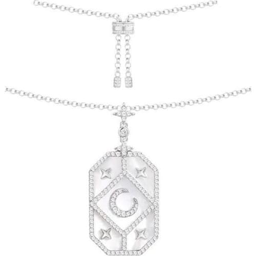 SLJELY Brand S925 Sterling Silver Cubic Zirconia Stones Star Moon Pendant Necklace with Mother of Pearl Fine Luxury Jewelry