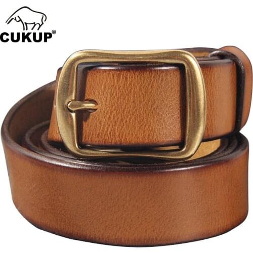 CUKUP Mens Top Quality Cowhide Belts Brass Pin Buckle Metal Leather Belt for Men Fancy Vintage Jeans Accessories 3.3cm NCK1013