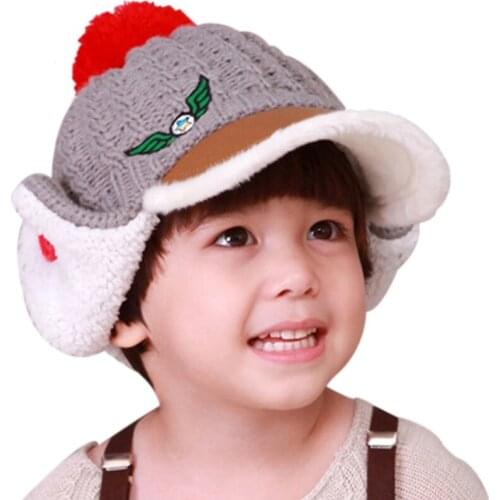 Kids Cap Winter Crochet Bobble Hat for Children Boys and Girls 2 to 8 Years Baby Wool Baseball Caps with Fur Ear Flap