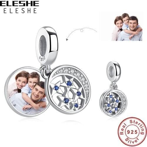 ELESHE 925 Sterling Silver Moon Star Dazzling Dangle Charm Fit Original Charm Bracelet 925 Silver Personalized Photo DIY Jewelry
