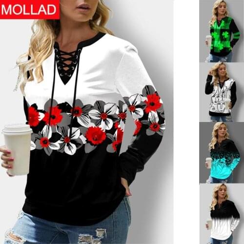 European and American Hot 2021 AliExpress New Autumn Printing Lace-up Womens Loose Hoodies