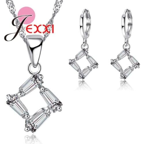 Clear Cubic Zirconia Hollow Saquare Silver Jewelry Sets 925 Sterling Silver Necklace Earrings Sets for Women Wedding Party