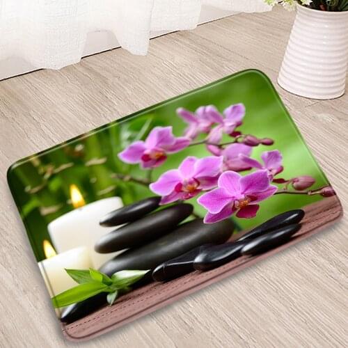 Zen Stone Bathroom Mats Green Bamboo Leaves Color Flower Butterfly Orchid Door Kitchen Bedroom Flannel Absorbent Non-Slip Carpet