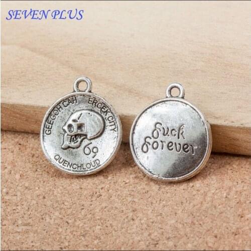 High Quality 20 Pieces/Lot 17mm*20mm Antique Silver Plated Round Disc Skull Words Charms