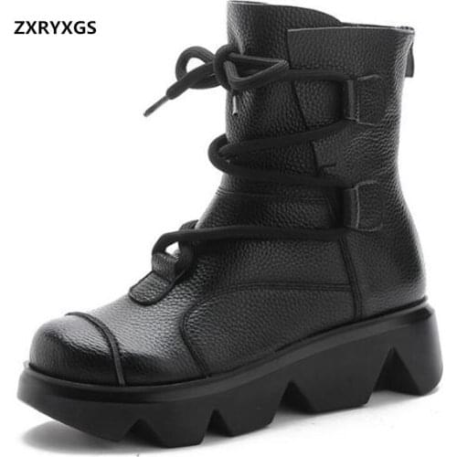 Hot Promotion 2020 New Fashion Autumn Genuine Leather Boots Women Martin Boots Non-slip Platform Wedges Heel Shoes Woman Boots