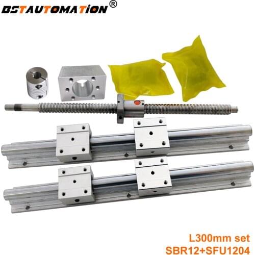 Sbr12 linear rail+linear machined ball screw SFU1204 300mm +1204 nut + end support bearing BKBF10+coupling cnc parts