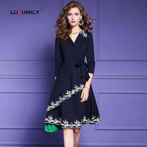 Lusumily High Quality Women Autumn Winter Elegant Embroidery Dress Female Vintage Floral Office Lady Dresses Party Robe Vestidos