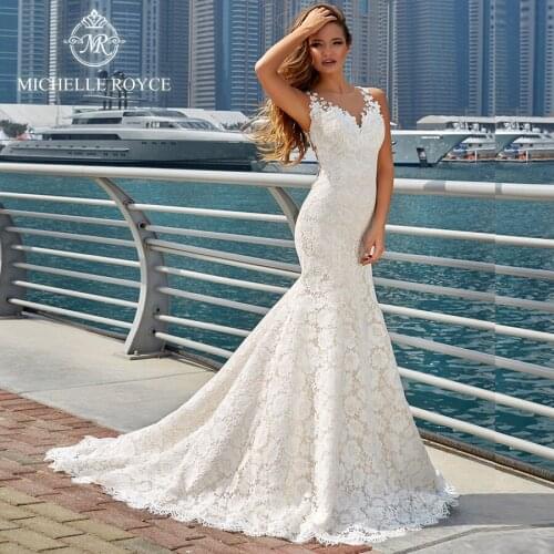 Michelle Royce Mermaid Wedding Dresses 2020 O-Neck Sleeveless Illusion Appliques Button Chapel Train Bride Gown Vestido De Novia
